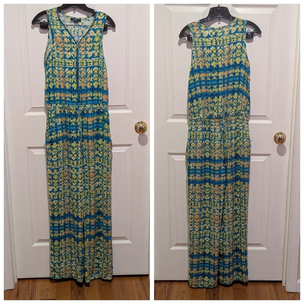 Boho‎ Resortwear Wide Leg Jumpsuit Abstract Print Zip Front Pockets Toxik3 Large